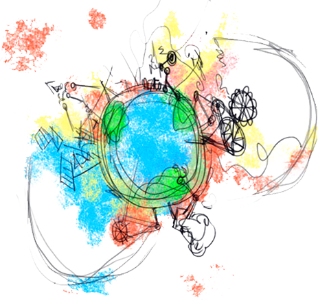 Original sketch of a colourful globe surrounded by inventors, windmills, bicycles and machines