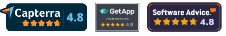 Capterra 4.8, GetApp and Software Advice 4.8 review badges