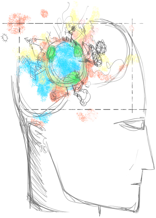 Original sketch of a human head in profile with a colourful world drawn inside it