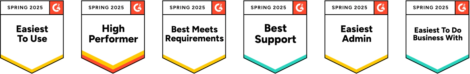 G2 Spring 2025 awards: Easiest To Use, High Performer, Best Meets Requirements, Best Support, Easiest Admin, Easiest To Do Business With